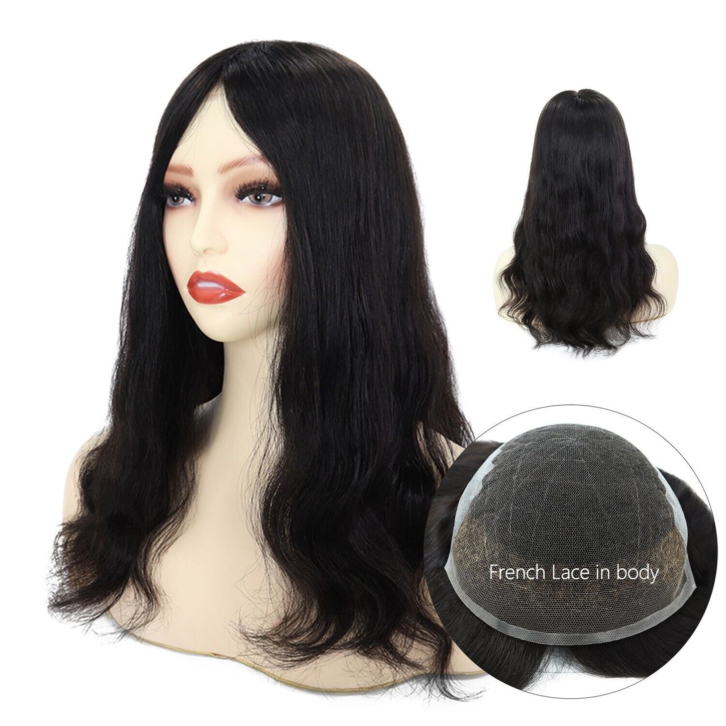 Women Topper Human Hair French Lace Top Pieces 7x9 Straight Black Hair 16'' Q6L